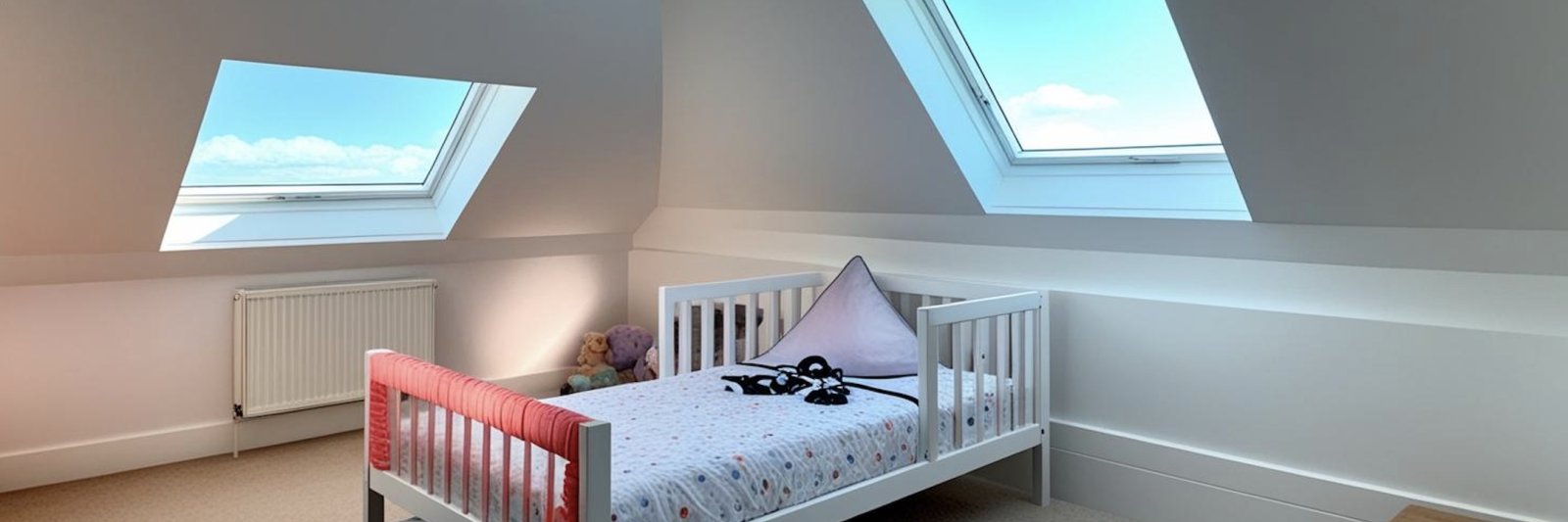 Cozy child’s bedroom in a loft conversion, featuring a comfortable bed and a Velux window that brings in plenty of natural light.